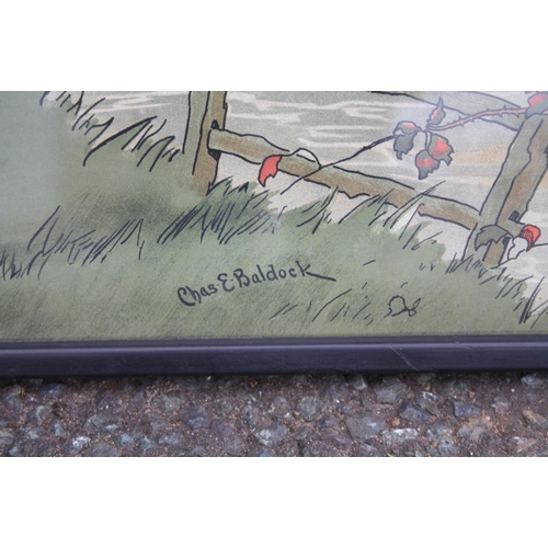 25 - CHAS E. BALDOCK (XIX-XX). A set of three framed and glazed landscape hunting prints with huntsmen an... 