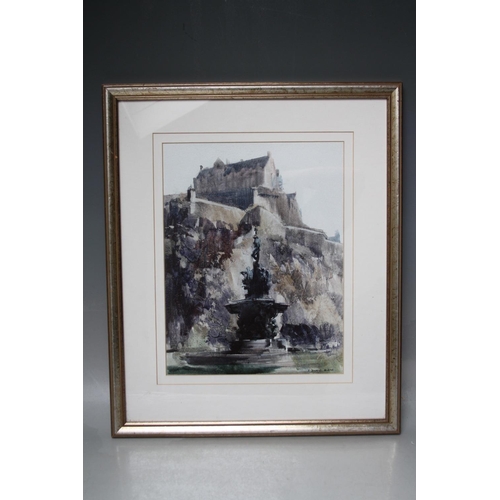 47 - FREDERICK DONALD BLAKE (1908-1997). Study of a fountain before Edinburgh castle, signed lower right,... 