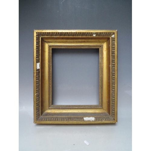 72 - A 19TH CENTURY GOLD FRAME WITH EGG AND DART DESIGN TO OUTER EDGE, frame W 9 cm, rebate 30 x 26 cm