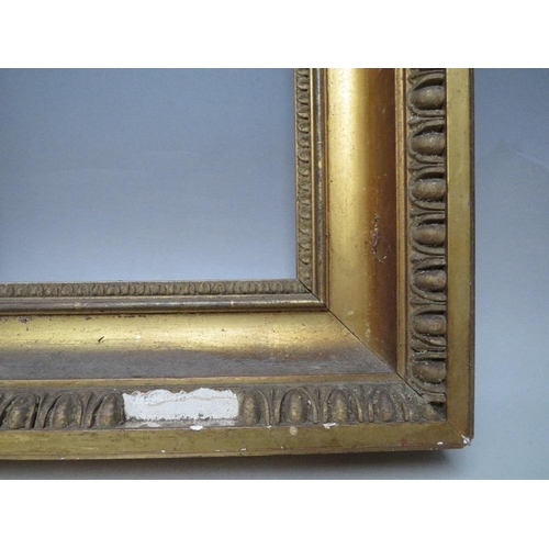 72 - A 19TH CENTURY GOLD FRAME WITH EGG AND DART DESIGN TO OUTER EDGE, frame W 9 cm, rebate 30 x 26 cm