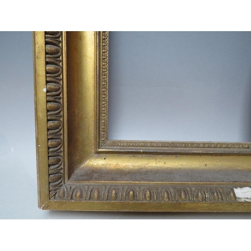 72 - A 19TH CENTURY GOLD FRAME WITH EGG AND DART DESIGN TO OUTER EDGE, frame W 9 cm, rebate 30 x 26 cm
