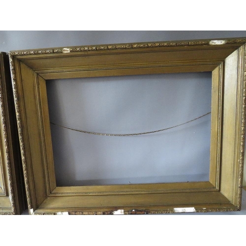 74 - A PAIR OF 19TH CENTURY GOLD FRAMES A/F, with decorative design to outer edge, frame W 11 cm, rebates... 