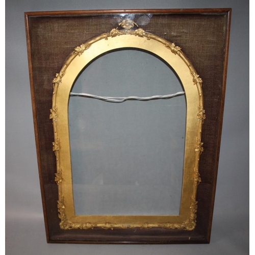 90 - A 19TH CENTURY ARCHED TOP DECORATIVE GLAZED GOLD FRAME, with gold mount card, frame W 1 cm, case fra... 