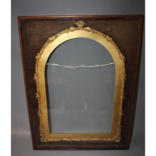 90 - A 19TH CENTURY ARCHED TOP DECORATIVE GLAZED GOLD FRAME, with gold mount card, frame W 1 cm, case fra... 