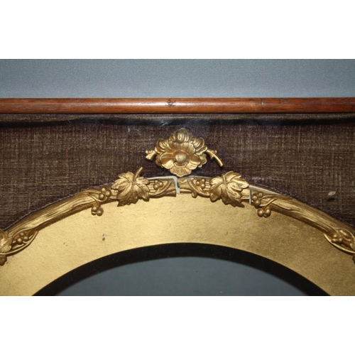 90 - A 19TH CENTURY ARCHED TOP DECORATIVE GLAZED GOLD FRAME, with gold mount card, frame W 1 cm, case fra... 