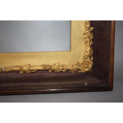90 - A 19TH CENTURY ARCHED TOP DECORATIVE GLAZED GOLD FRAME, with gold mount card, frame W 1 cm, case fra... 