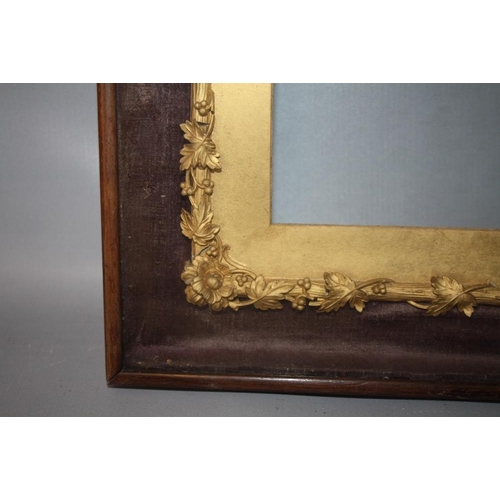 90 - A 19TH CENTURY ARCHED TOP DECORATIVE GLAZED GOLD FRAME, with gold mount card, frame W 1 cm, case fra... 