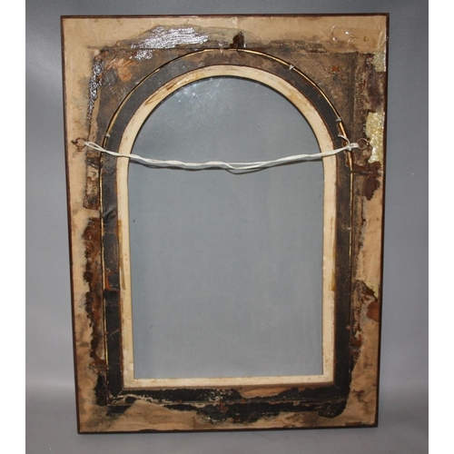 90 - A 19TH CENTURY ARCHED TOP DECORATIVE GLAZED GOLD FRAME, with gold mount card, frame W 1 cm, case fra... 