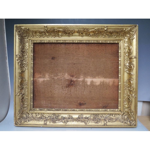 92 - AN 18TH CENTURY DECORATIVE GILT FRAME, frame W 8 cm, rebate 57 x 39 cm