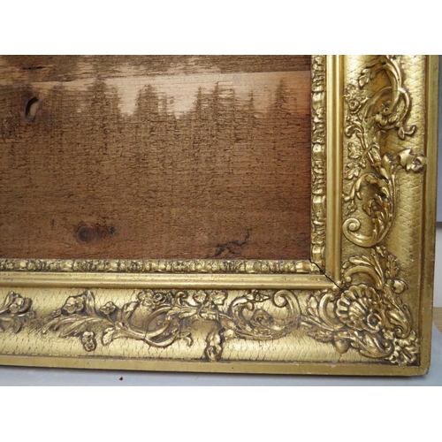 92 - AN 18TH CENTURY DECORATIVE GILT FRAME, frame W 8 cm, rebate 57 x 39 cm