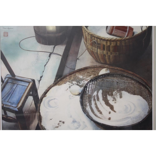 98 - MARIE SHEPHERD (XX). Still life study of various kitchen items, signed and bearing Oriental characte... 