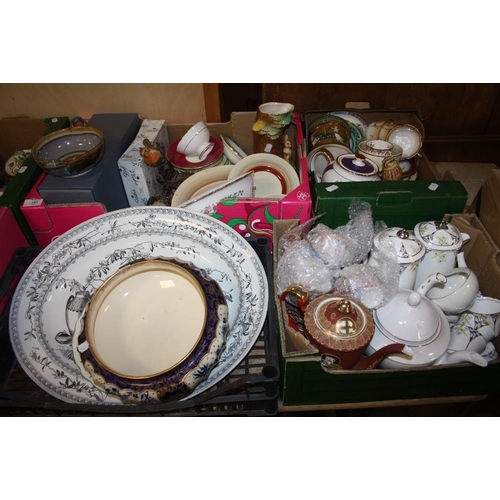 151 - FOUR TRAYS OF ASSORTED CHINA AND CERAMICS TO INCLUDE ROYAL DOULTON, ROYAL GRAFTON AND BIRD FIGURES