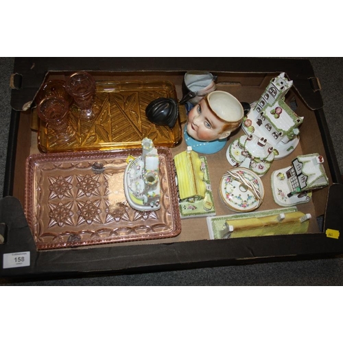 158 - A TRAY OF CERAMICS AND GLASSWARE TO INCLUDE COALPORT COTTAGE FIGURES AND GLASS DRESSING TABLE ITEMS