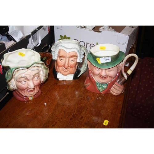 159 - TWO BESWICK CHARACTER JUGS, TONY WELLER AND SAIRY GAMP TOGETHER WITH A ROYAL DOULTON THE LAWYER CHAR... 