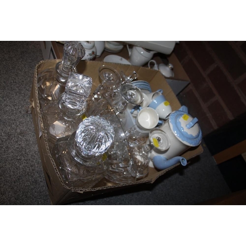 164 - A BOX OF GLASSWARE TO INCLUDE DECANTERS TOGETHER WITH A JOHNSON ROSE ENGLISH OAK COFFEE SET