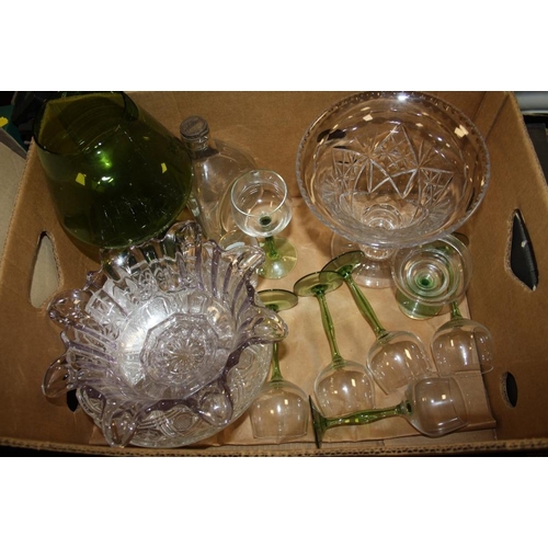 176 - TWO TRAYS OF ASSORTED GLASSWARE TO INCLUDE A CAITHNESS VASE, AND CUT GLASS VASES