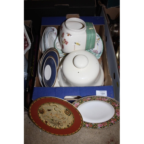120 - A SMALL TRAY OF ASSORTED CERAMICS TO INCLUDE MINTON HADDON HALL DISHES, WEDGWOOD SARAHS GARDEN ETC.