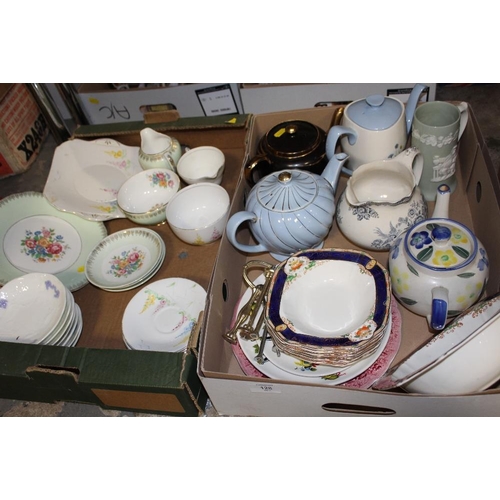 128 - TWO TRAYS OF ASSORTED CHINA TO INCLUDE TEAPOTS