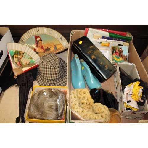 143 - A TRAY OF COLLECTABLES, CLOTHING AND ACCESSORIES TO INCLUDE A VICTORIAN FOLDING PARASOL, SHOE LASTS ... 