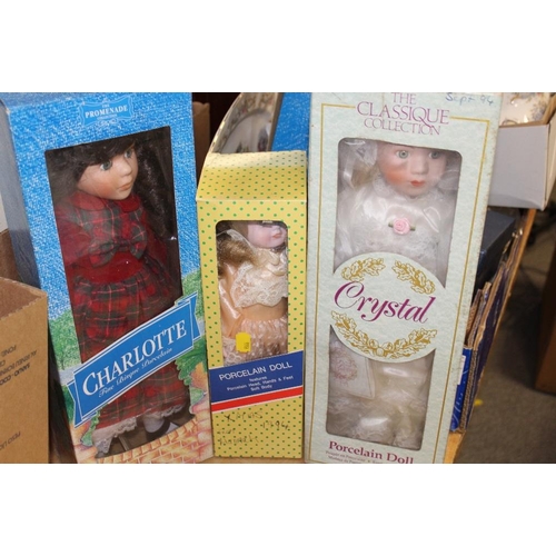 144 - A COLLECTION OF BOXED PORCELAIN HEADED DOLLS TO INCLUDE THE PROMENADE COLLECTION, THE CLASSIQUE COLL... 