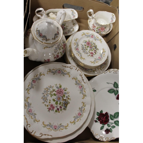 145 - TWO TRAYS OF ROYAL STANDARD MANDARIN PATTERN CHINA TO INCLUDE A TEAPOT, DINING PLATES, TUREENS, CUPS... 