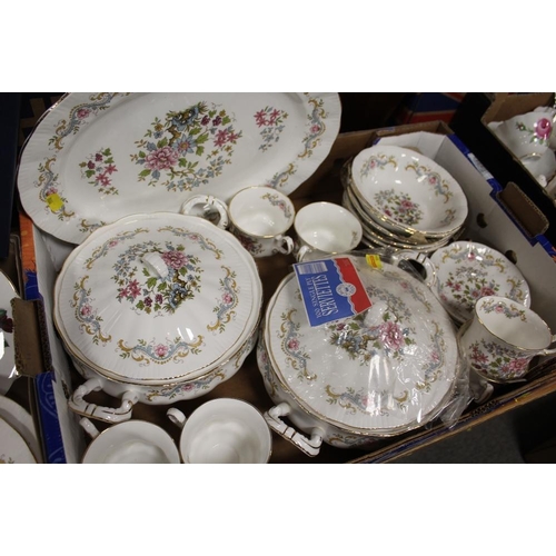 145 - TWO TRAYS OF ROYAL STANDARD MANDARIN PATTERN CHINA TO INCLUDE A TEAPOT, DINING PLATES, TUREENS, CUPS... 