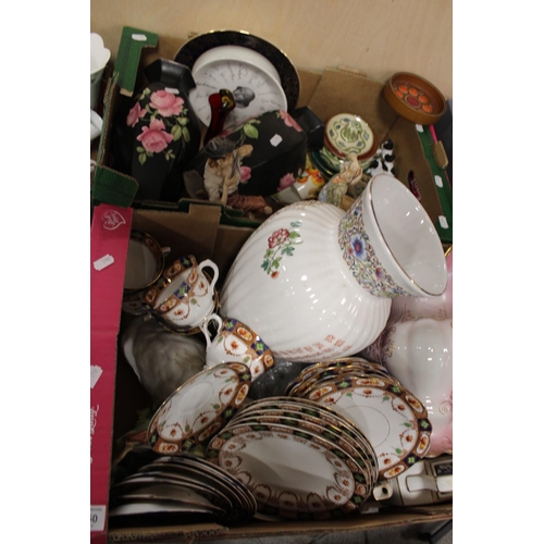 150 - TWO TRAYS OF ASSORTED CHINA AND CERAMICS TO INCLUDE ROYAL ALBION CHINA, MODERN ORIENTAL VASE AND FIG... 