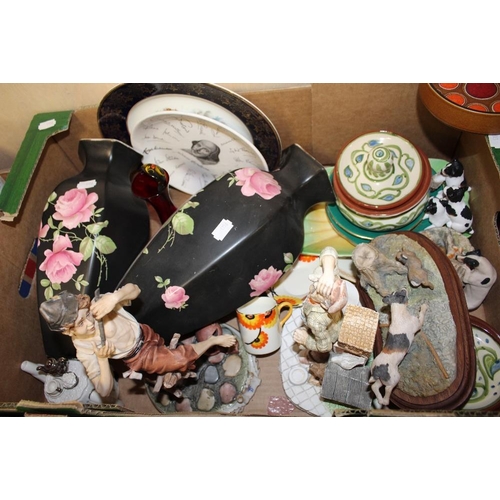 150 - TWO TRAYS OF ASSORTED CHINA AND CERAMICS TO INCLUDE ROYAL ALBION CHINA, MODERN ORIENTAL VASE AND FIG... 