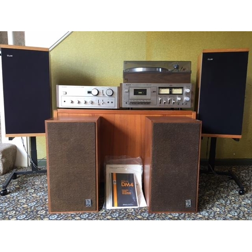 163 - A SONY TUNER AMPLIFIER CASSETTE DECK AND RECORD PLAYER TOGETHER WITH A PAIR OF BMW SPEAKERS ON STAND... 