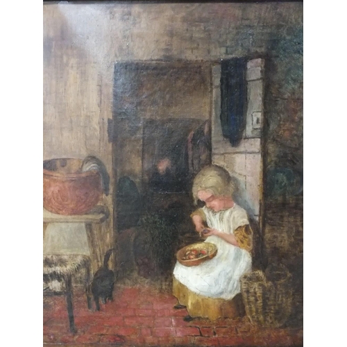 10 - (XIX) ENGLISH SCHOOL. Cottage interior scene with young girl peeling vegetables, and a black cat, un... 