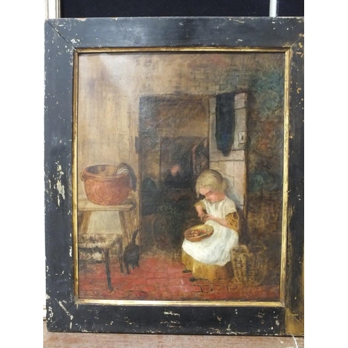 10 - (XIX) ENGLISH SCHOOL. Cottage interior scene with young girl peeling vegetables, and a black cat, un... 