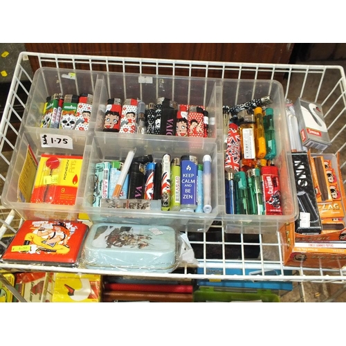 103 - A THREE TIER SHOP DISPLAY STAND CONTAINING SMOKING RELATED ITEMS TO INCLUDE LIGHTERS, POUCHES ETC., ... 