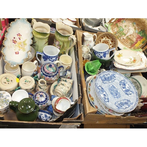 107 - TWO TRAYS OF ASSORTED CERAMICS TO INCLUDE A TWO PERSON JAPANESE TEA SET, ANTIQUE FLORAL JUGS ETC.
