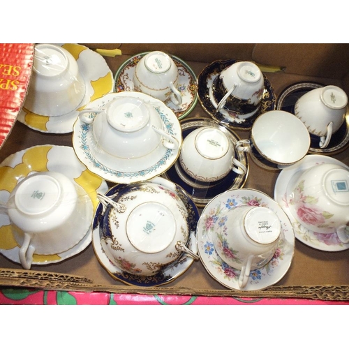 108 - TWO TRAYS OF CUPS AND SAUCERS TO INCLUDE COALPORT, CAULDON CHINA ETC.
