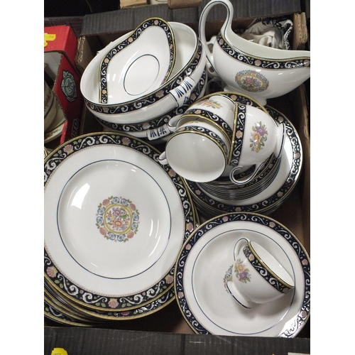 114 - A TRAY OF WEDGWOOD RUNNYMEDE CHINA TO INCLUDE DINNER PLATES, TUREENS, CUPS AND SAUCERS ETC.