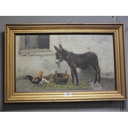 27 - 19TH CENTURY ENGLISH SCHOOL - DONKEY AND CHICKENS OUTSIDE A STABLE OIL ON CANVAS 30 X 51.5 CM