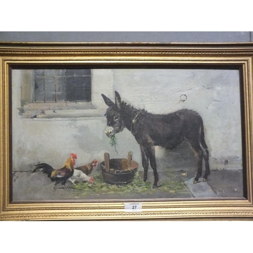 27 - 19TH CENTURY ENGLISH SCHOOL - DONKEY AND CHICKENS OUTSIDE A STABLE OIL ON CANVAS 30 X 51.5 CM