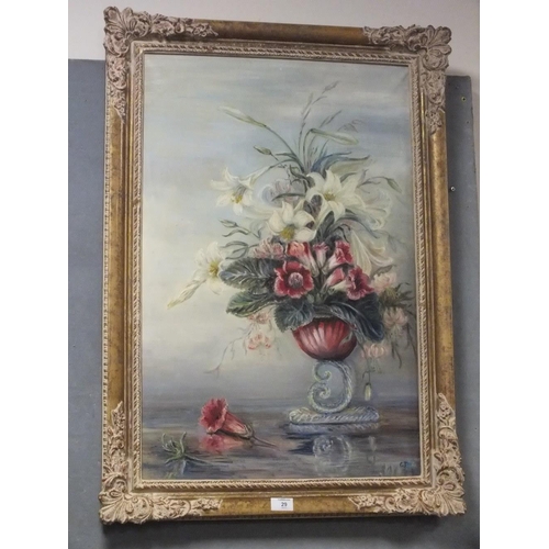 29 - A LARGE GILT FRAMED STILL LIFE FLORAL OIL ON CANVAS MONOGRAMMED 'CJ' LOWER RIGHT 75 X 49.5 CM