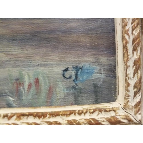 29 - A LARGE GILT FRAMED STILL LIFE FLORAL OIL ON CANVAS MONOGRAMMED 'CJ' LOWER RIGHT 75 X 49.5 CM