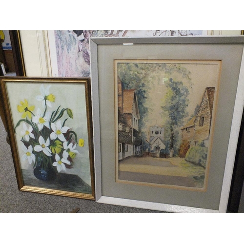 3 - A QUANTITY OF ASSORTED PICTURES AND PRINTS TO INC A MODERN WOODLAND SCENE WITH TEXTURED GLASS, OAK B... 