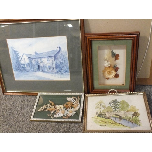 3 - A QUANTITY OF ASSORTED PICTURES AND PRINTS TO INC A MODERN WOODLAND SCENE WITH TEXTURED GLASS, OAK B... 