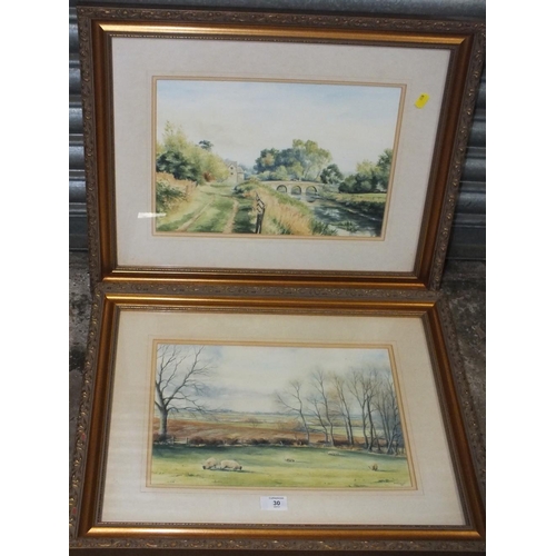 30 - A PAIR OF GILT FRAMED WATERCOLOUR LANDSCAPES SIGNED 'MICK TURLEY' 27 X 38 CM  (2)
