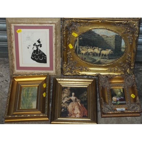 34 - FIVE ASSORTED GILT FRAMED PICTURES TO INC A SMALL STILL LIFE OIL ON BOARD (5)