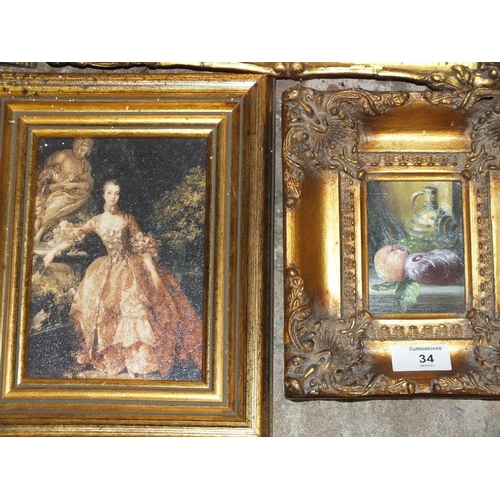 34 - FIVE ASSORTED GILT FRAMED PICTURES TO INC A SMALL STILL LIFE OIL ON BOARD (5)