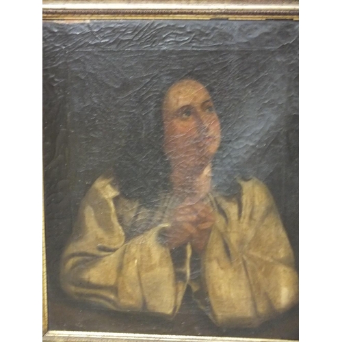 37 - A 18TH CENTURY GILT FRAMED OIL ON CANVAS DEPICTING A LADY PRAYING 61 X 50 CM
