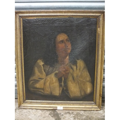 37 - A 18TH CENTURY GILT FRAMED OIL ON CANVAS DEPICTING A LADY PRAYING 61 X 50 CM