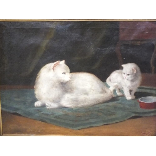 38 - A GILT FRAMED OIL ON CANVAS DEPICTING A CAT AND KITTEN SIGNED LOWER RIGHT BUT INDISTINCT 56.5 X 76.5... 