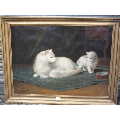 38 - A GILT FRAMED OIL ON CANVAS DEPICTING A CAT AND KITTEN SIGNED LOWER RIGHT BUT INDISTINCT 56.5 X 76.5... 