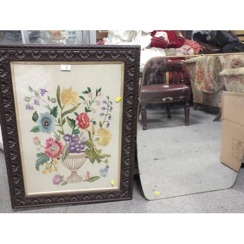 4 - A VINTAGE NEEDLEPOINT 43 X 60 CM IN A HEAVILY CARVED OAK FRAME TOGETHER WITH AS SHAPED MIRROR  (2)