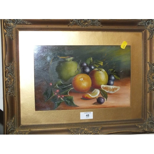 48 - A PAIR OF GILT FRAMED AND GLAZED OIL ON BOARD STILL LIFE STUDIES OF FRUIT SIZE - 29CM X 19CM